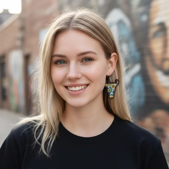 Fashion Jewelry Western boho Cow print  Earrings - Sunflower Blue and yellow - Picture 3 of 12